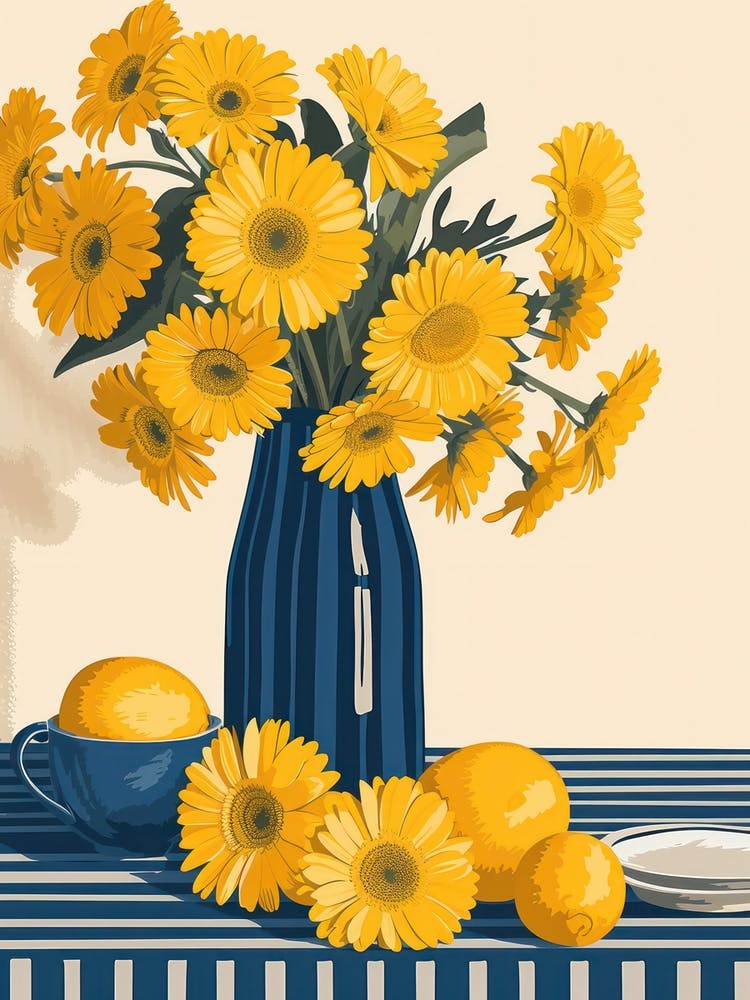 Gerbera Daisy Flowers On A Table   Contemporary Illustration 1