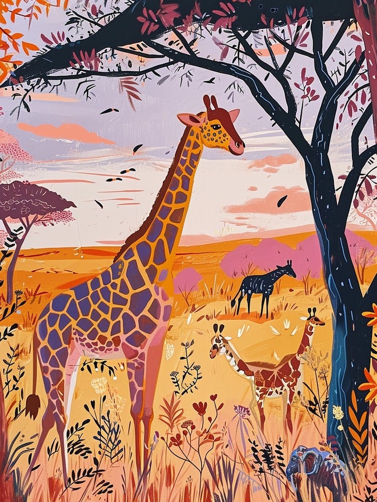 Giraffe In The Wild With Other Animals Watercolour Style 2
