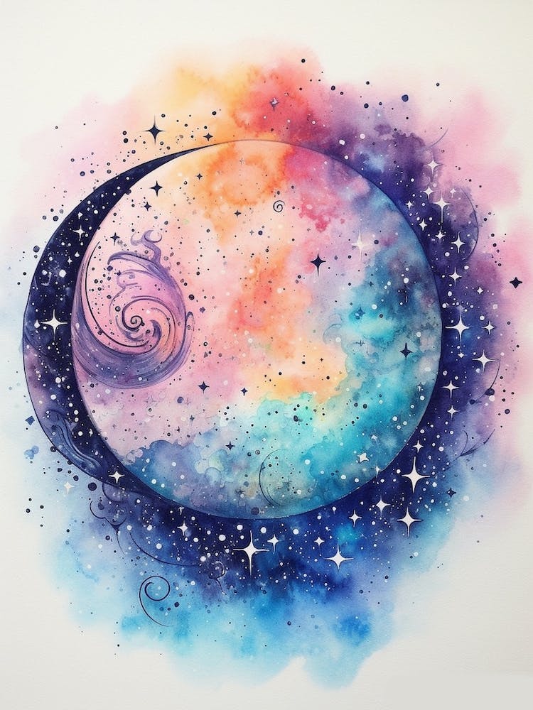 Galaxie mit Mond Aquarell Himmlisch 3
