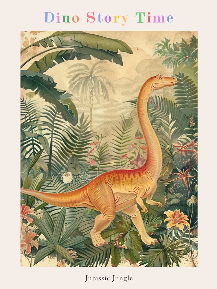 Dinosaur Wandering Through The Jungle Vintage Illustration Poster