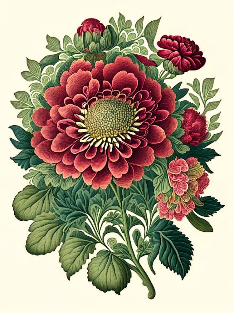 Zinnia Floral 1 Botanical Vintage Poster Flower