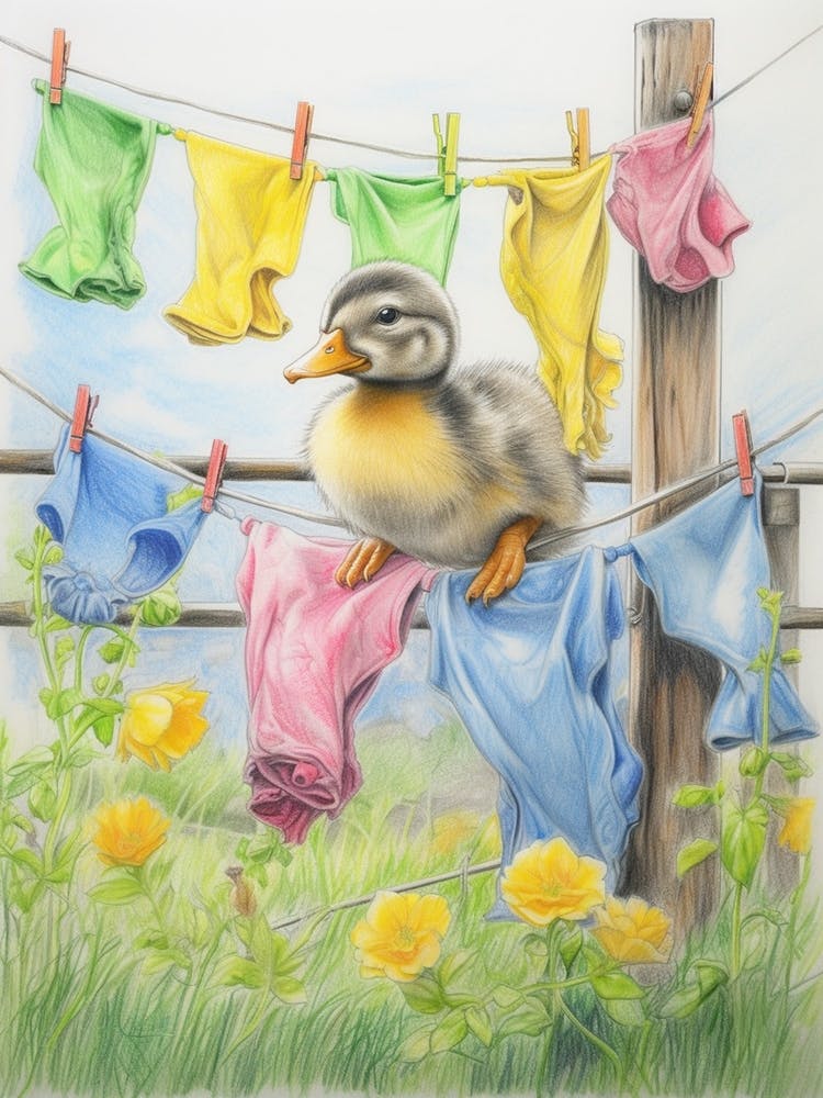 Duckling On The Washing Line Pastel Illustration 1
