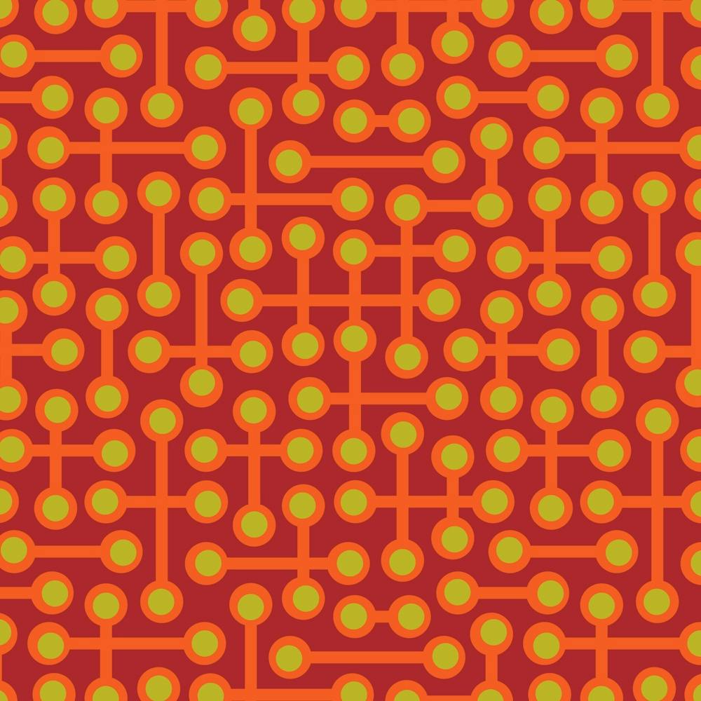 CIRCUITS Retro 1970s Mid Century Abstract Geometric Groovy Polka Dot in Vintage Orange and Citron Green on Burgundy Red
