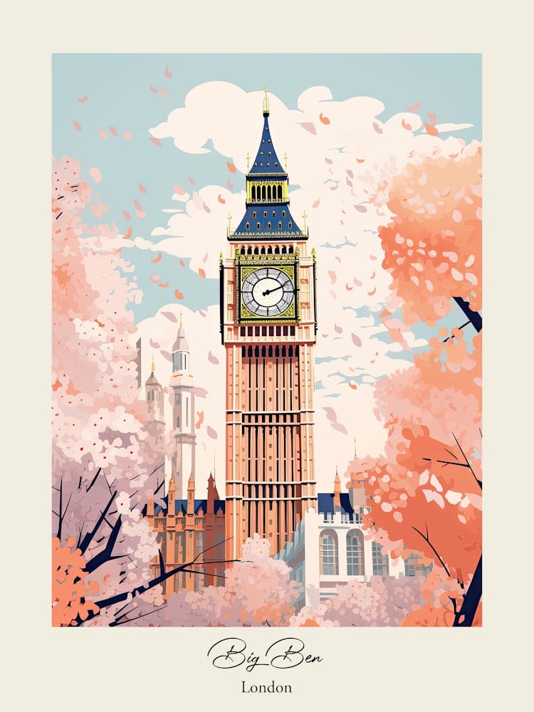 Big Ben, London   Cute Botanical Illustration Travel 6 Poster