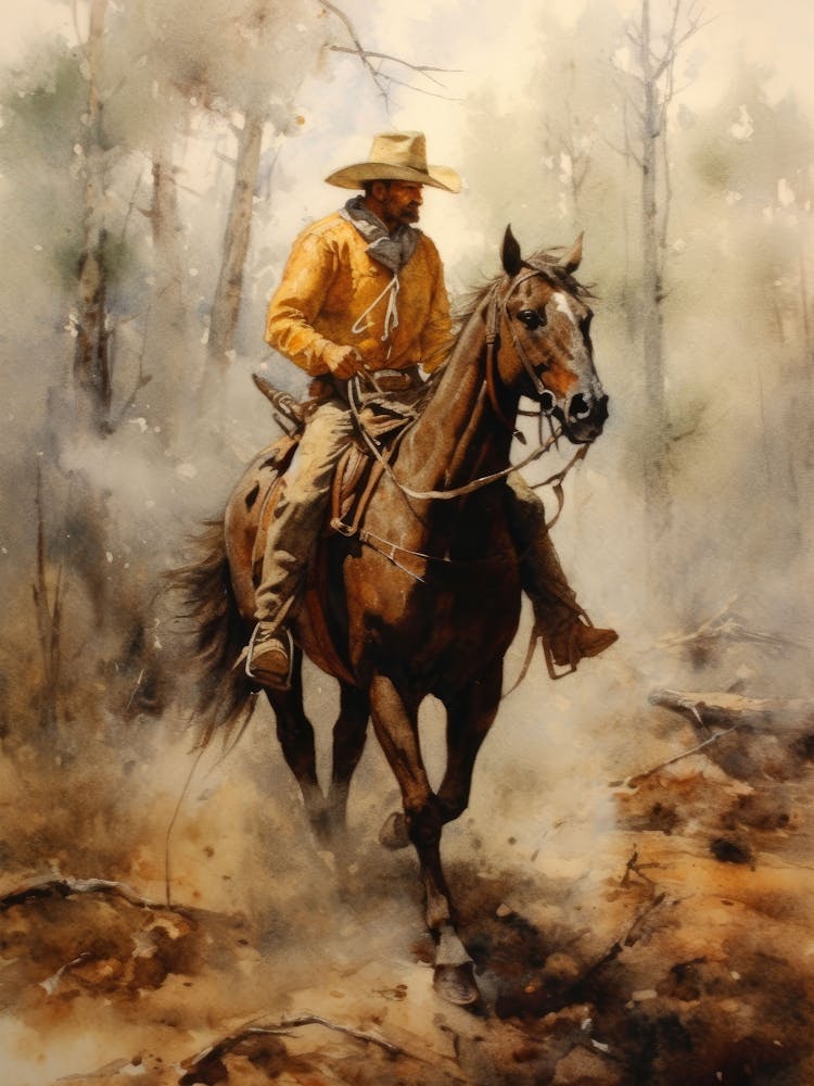 Western Cowboy Painting Vintage Wall Art