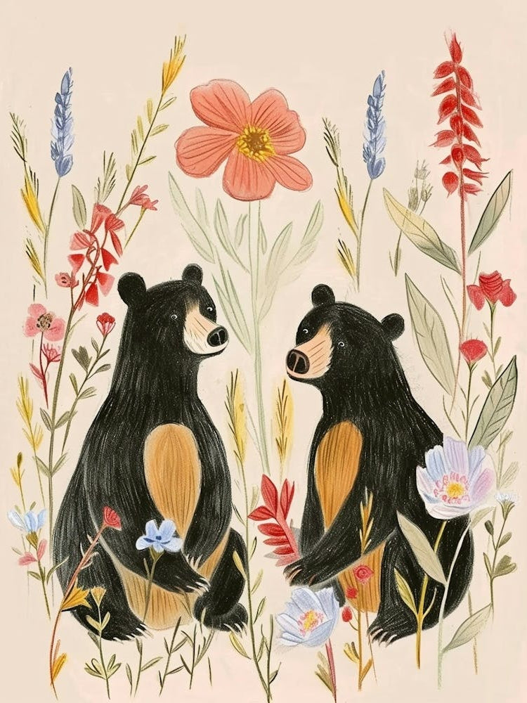 Folksy Floral Animal Drawing Black Bear