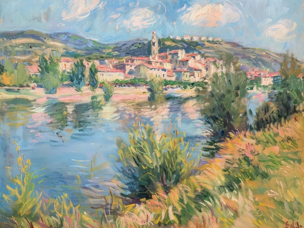 Calm Waterside Village Painting Inspired By Paul Cezanne