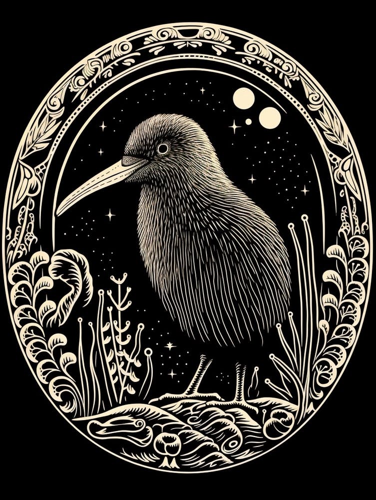 B&W Bird Linocut Kiwi 3