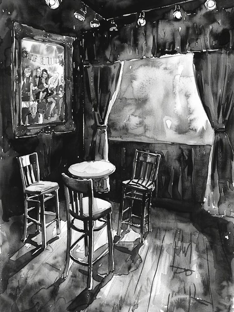 Comedy Club Austin Texas Black And White Watercolour 1