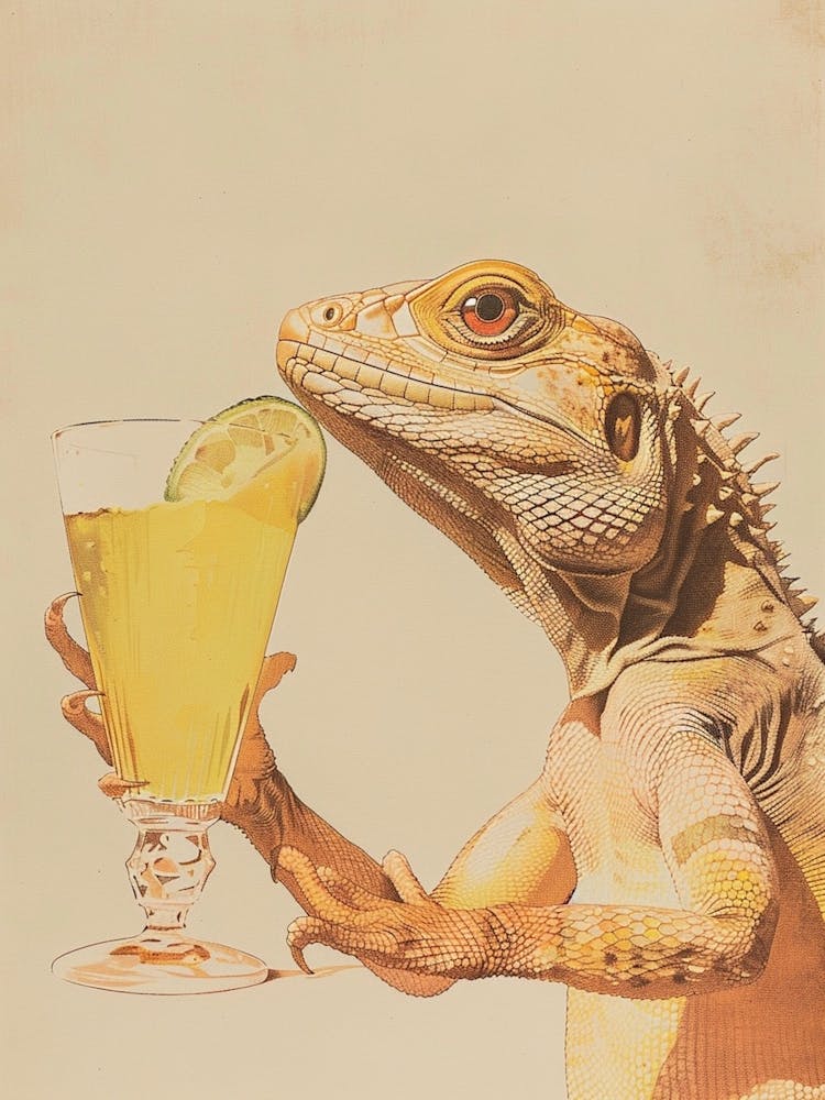 Iguana Drinking A Cocktail Realistic Illustration