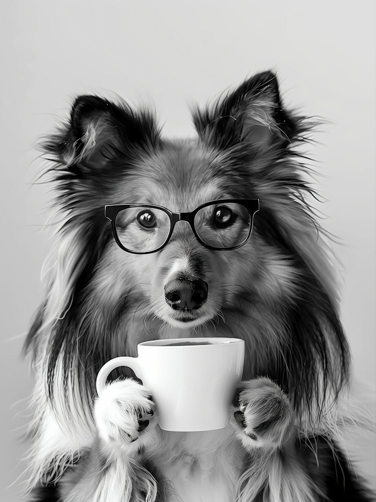 Shetland Sheepdog And Coffee Wall Art, Black And White Print, Sheltie, Coffee Lover Print, Funny Poster, Coffee Bar Art, Kitchen Wall Decor
