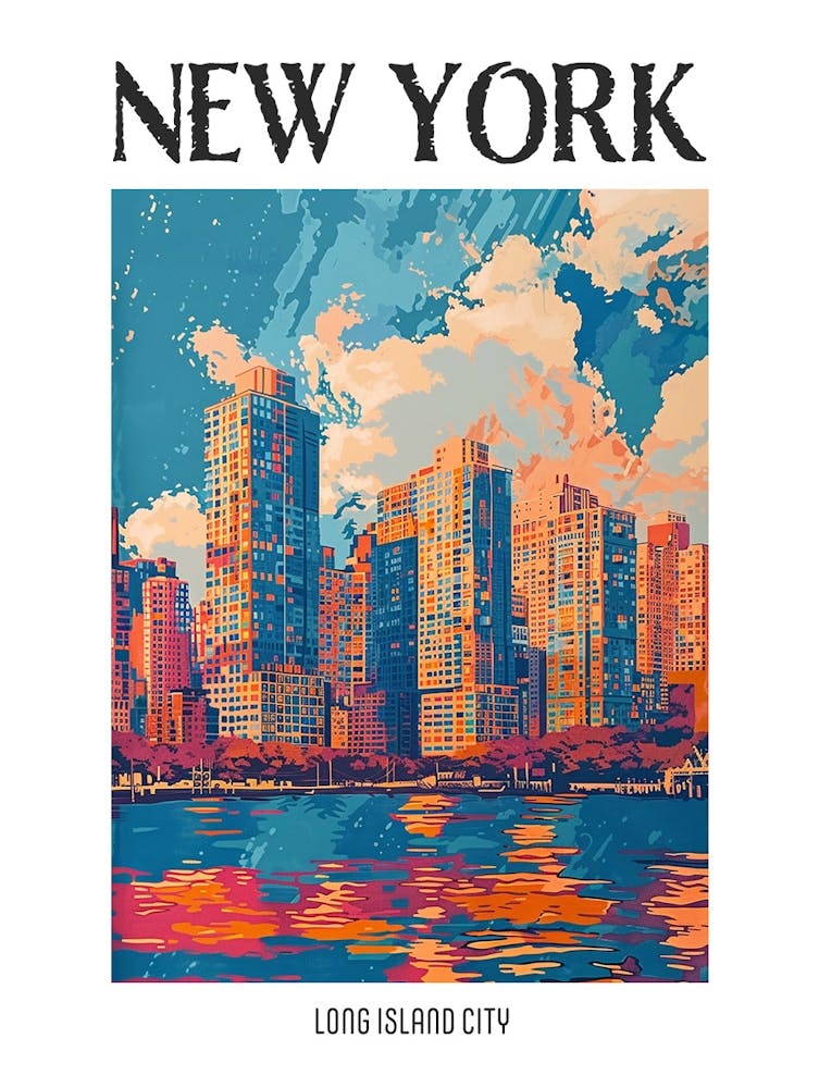 Long Island City New York Farbenfrohe Siebdruck-Illustration 2 Poster