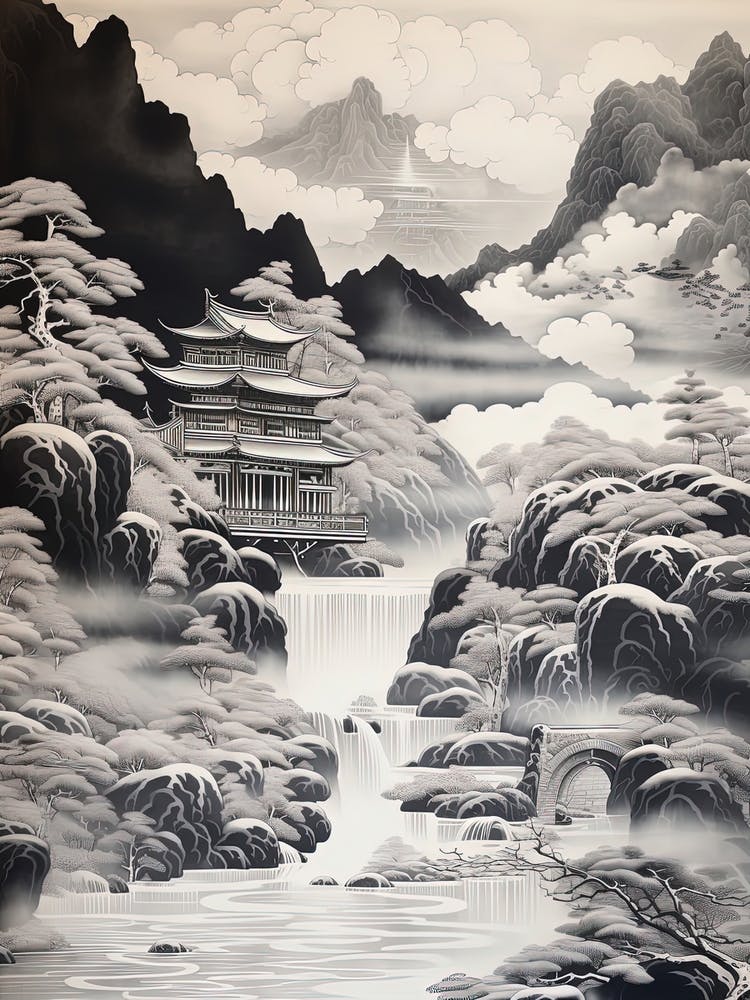 Iya Valley In Tokushima, Ukiyo E Black And White Line Art Drawing 4