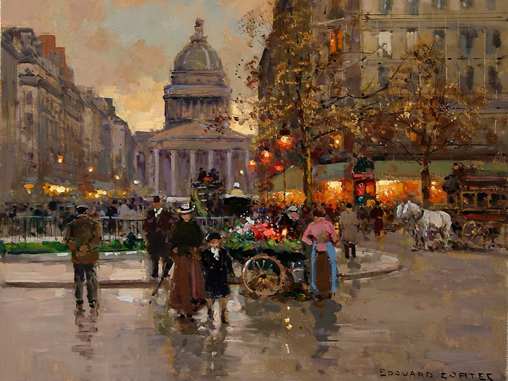 Pantheon Evening, Boulevard De La Madeleine, Paris by Edouard Cortes | French Post-Impressionism c1930 Cityscape at Dusk Gallery Wall Scenery