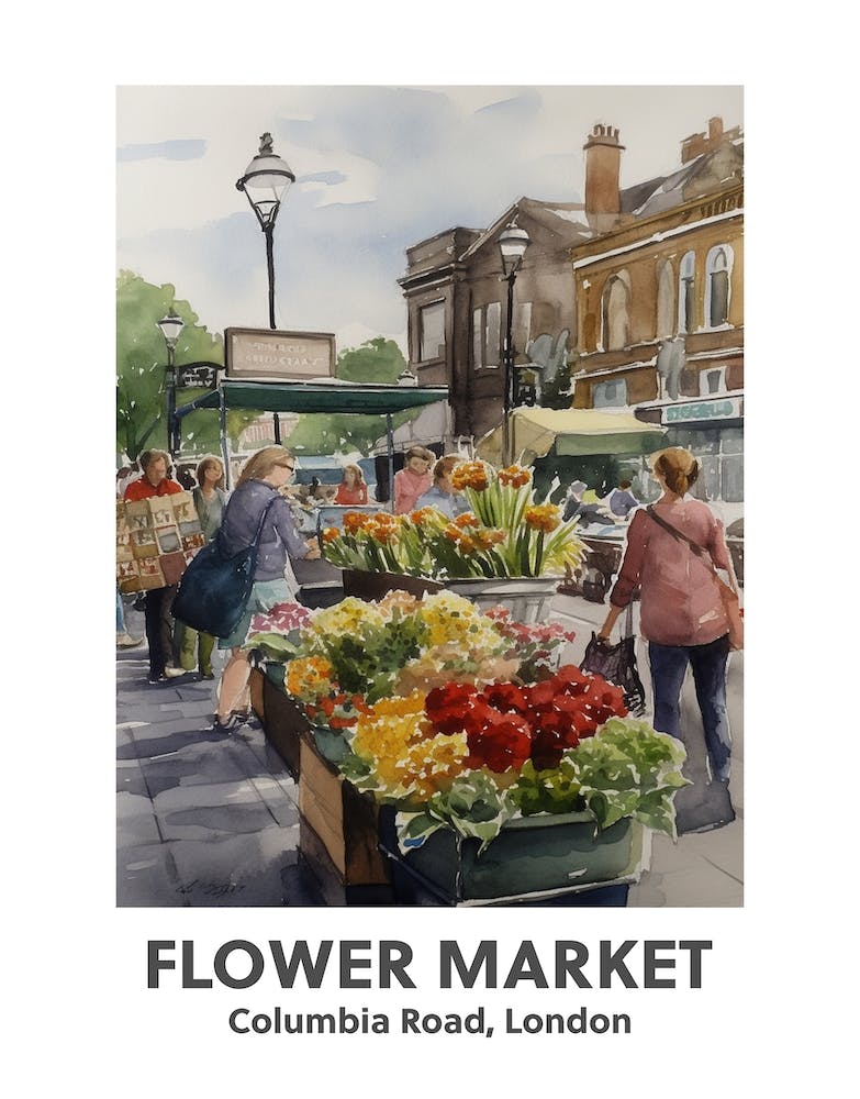 Flower Market, Columbia Road, London 4 Watercolour Travel Poster