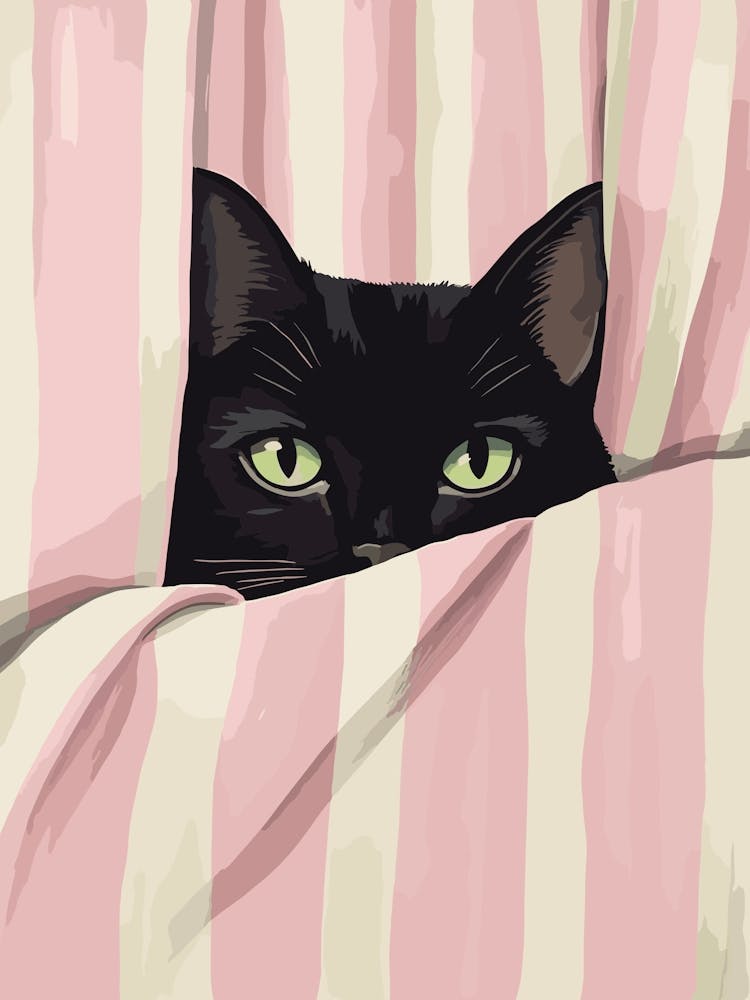 A Black Cat In Bed Pink Green Stripes Watercolor