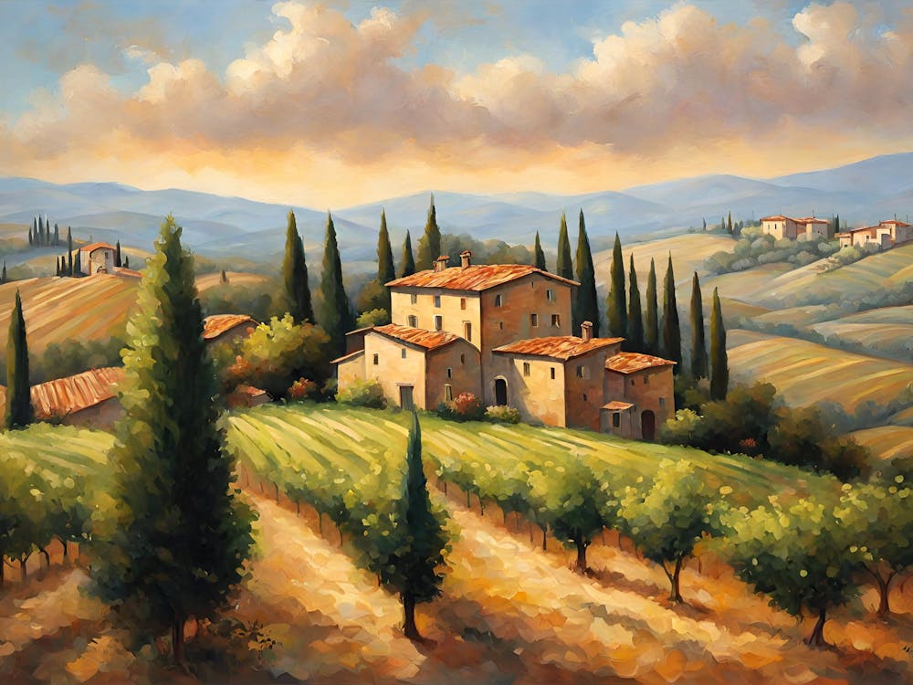 Sun Drenched Vineyard Cascading Down Tuscan Hills