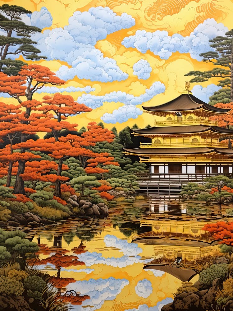 Kinkaku Ji (Golden Pavilion) In Kyoto, Ukiyo E Drawing 3