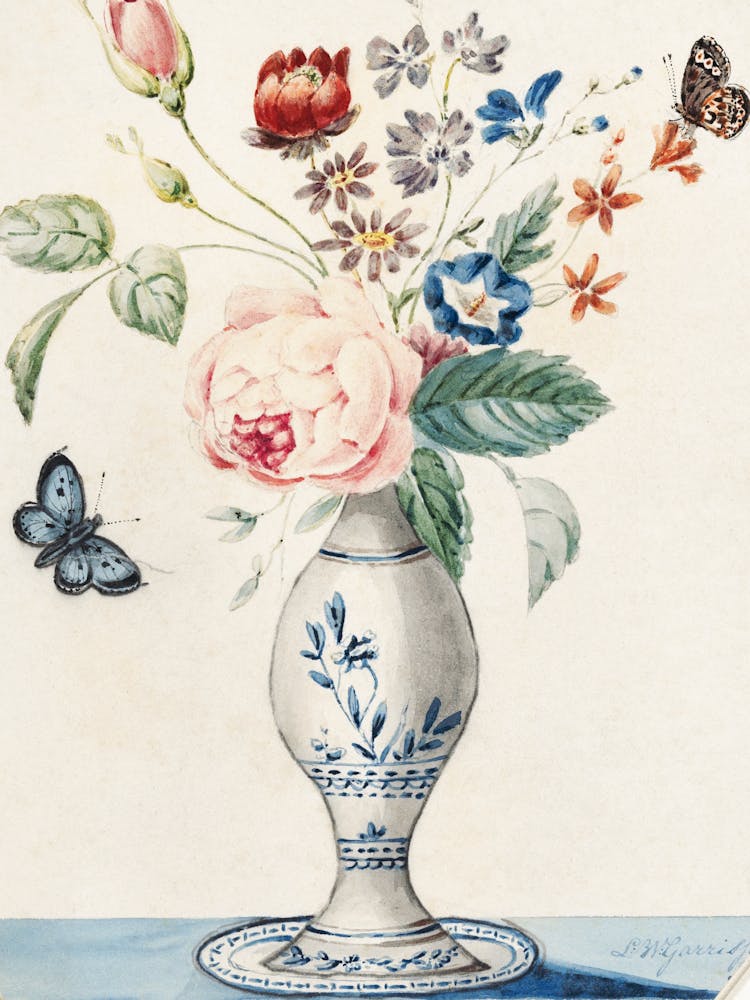 Vase With Flowers And Butterflies