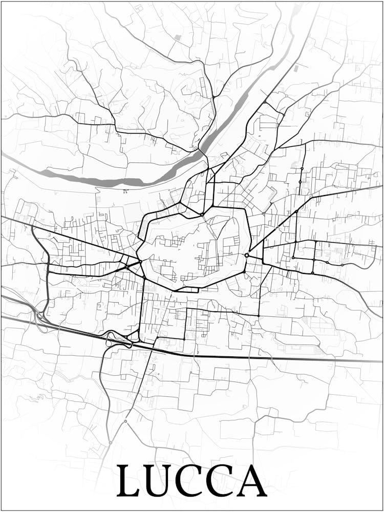 Lucca, Italy, City Map, Black And White Fade Design