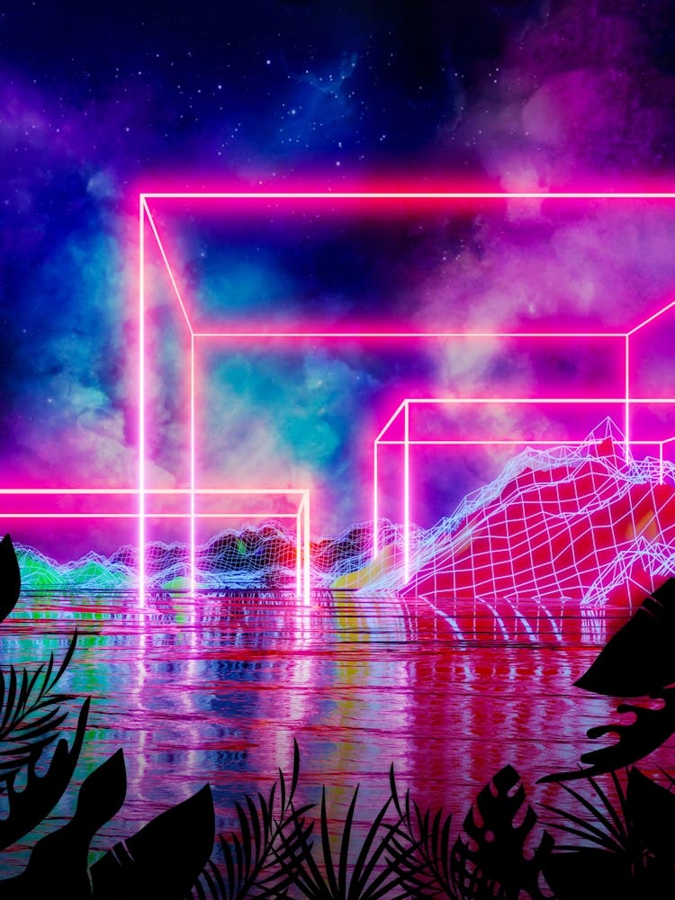 Neon palms landscape: Cube [synthwave/vaporwave/cyberpunk] — aesthetic retrowave neon poster