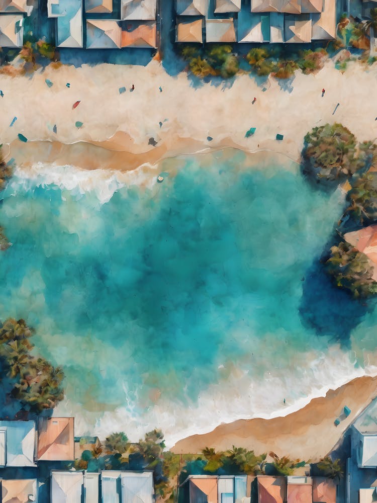 AERIAL PASTAL SAND MEETS THE SEA 2/4 - Serene Seascape Beach Surf Condos Painting Tropical Calm Dreamy Luxe Wall Art Vision of Tranquility