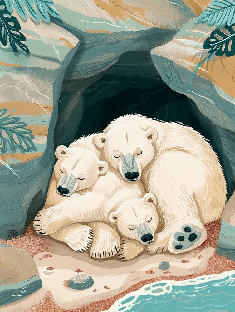 Polar Bear Family Sleeping In A Cave Storybook Illustration 1