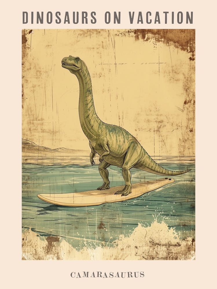 Vintage Camarasaurus Dinosaur On A Surf Board 1 Poster