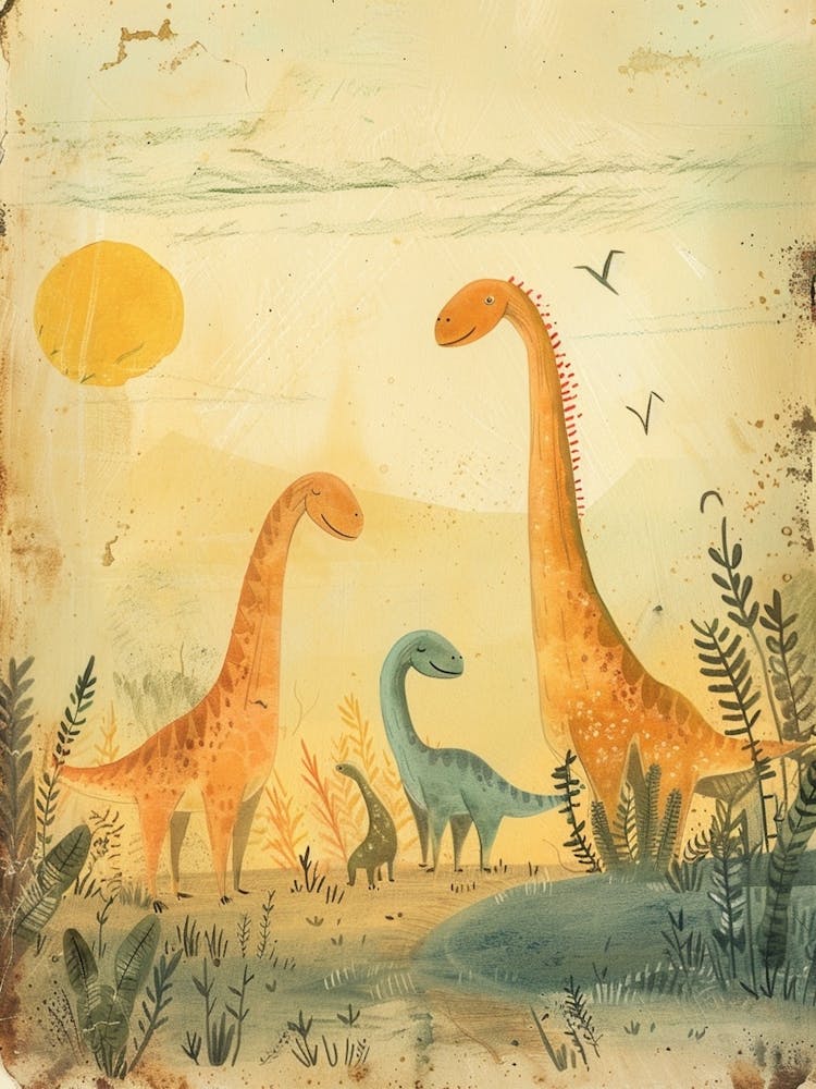 Dinosaur Family In The Sunset Storybook Style