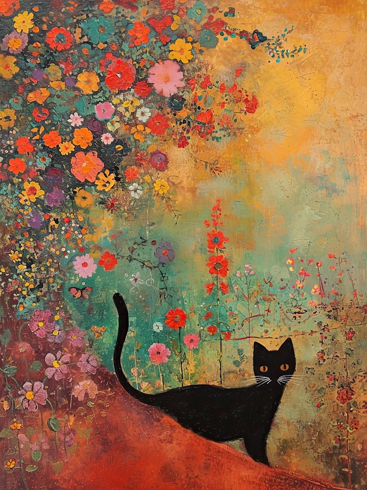 Fluffly Cat Klimt Flowers Botanical Art