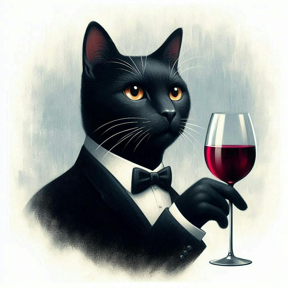 Cat In Tuxedo and glass of wine