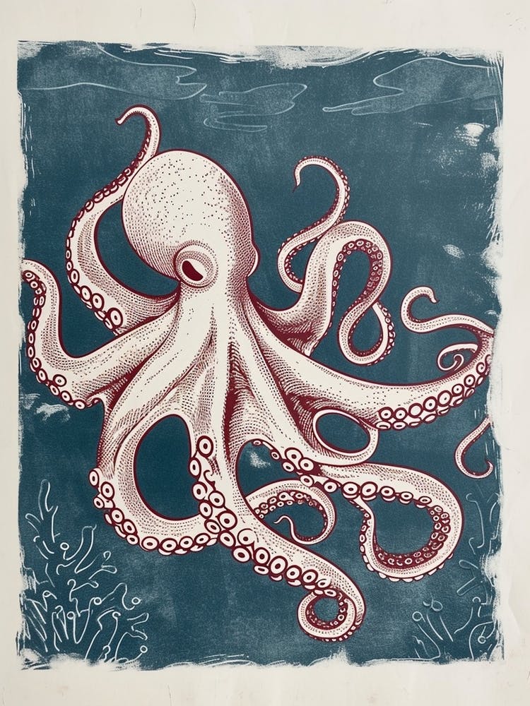 Red & Blue Octopus Retro Linocut Inspired 4