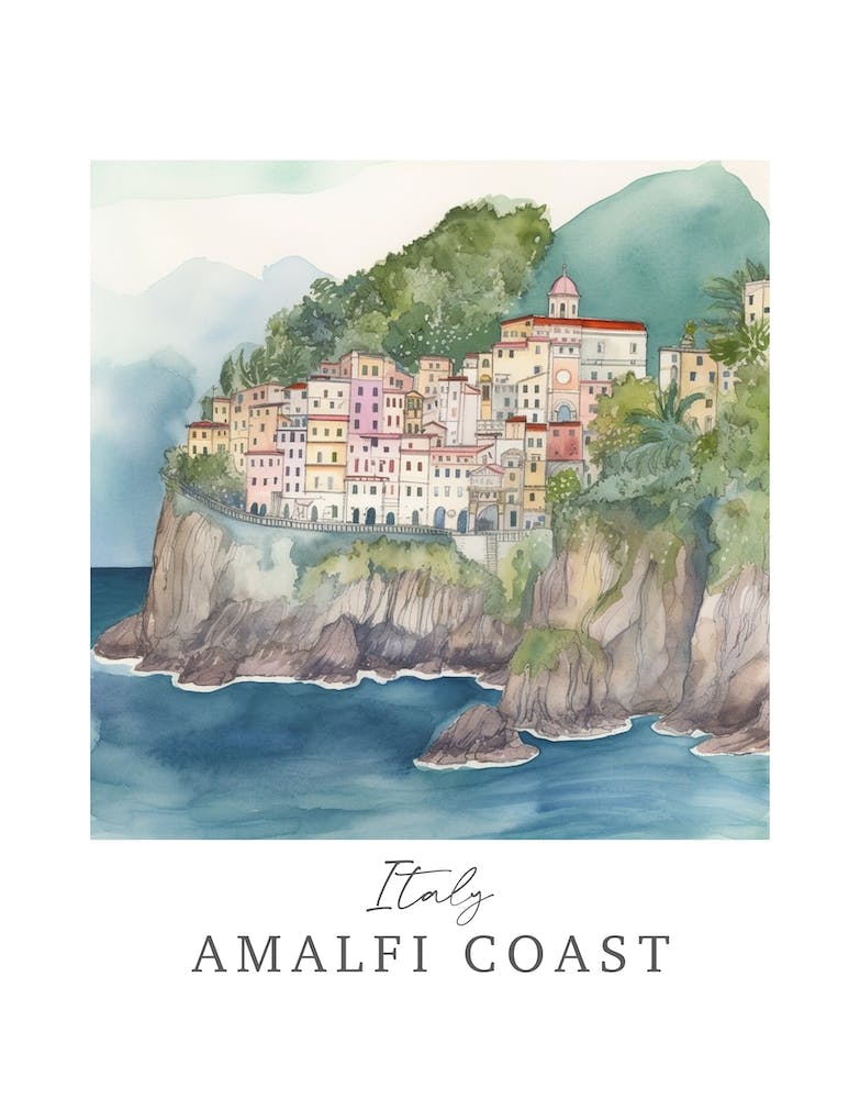 Italy        Amalfi Coast Storybook 4 Travel Poster Watercolour