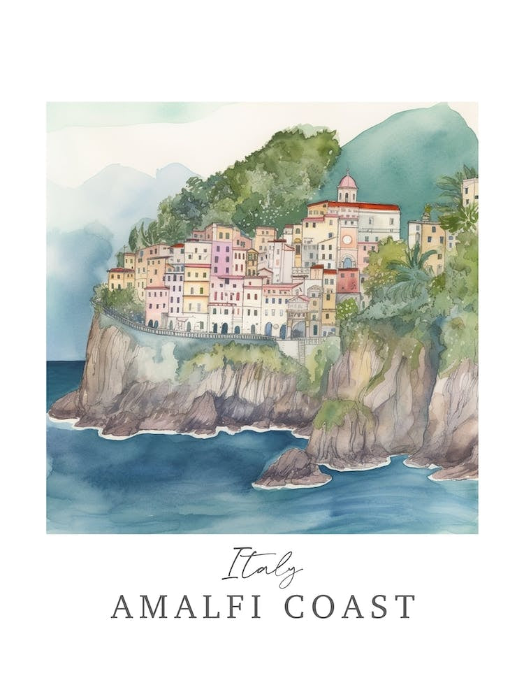 Italy        Amalfi Coast Storybook 4 Travel Poster Watercolour