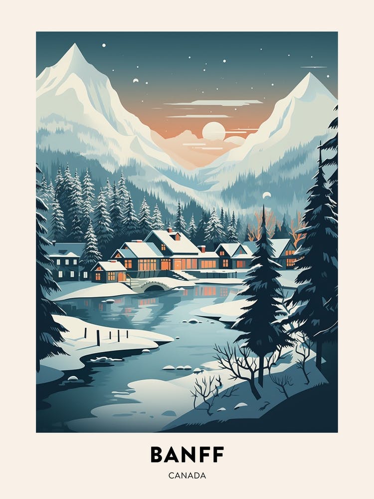 Winter Night  Travel Poster Banff Canada 4