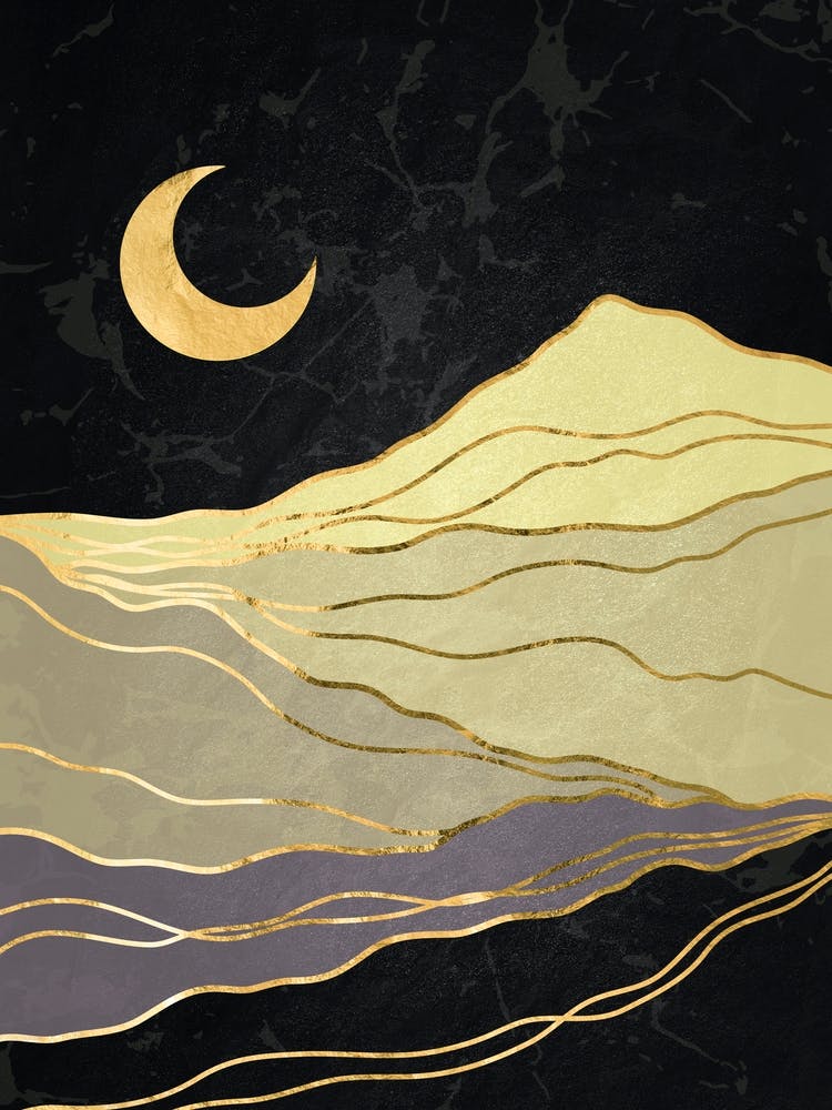Gold And Black Landscape - Golden landscape with moon #8, Japanese gold poster