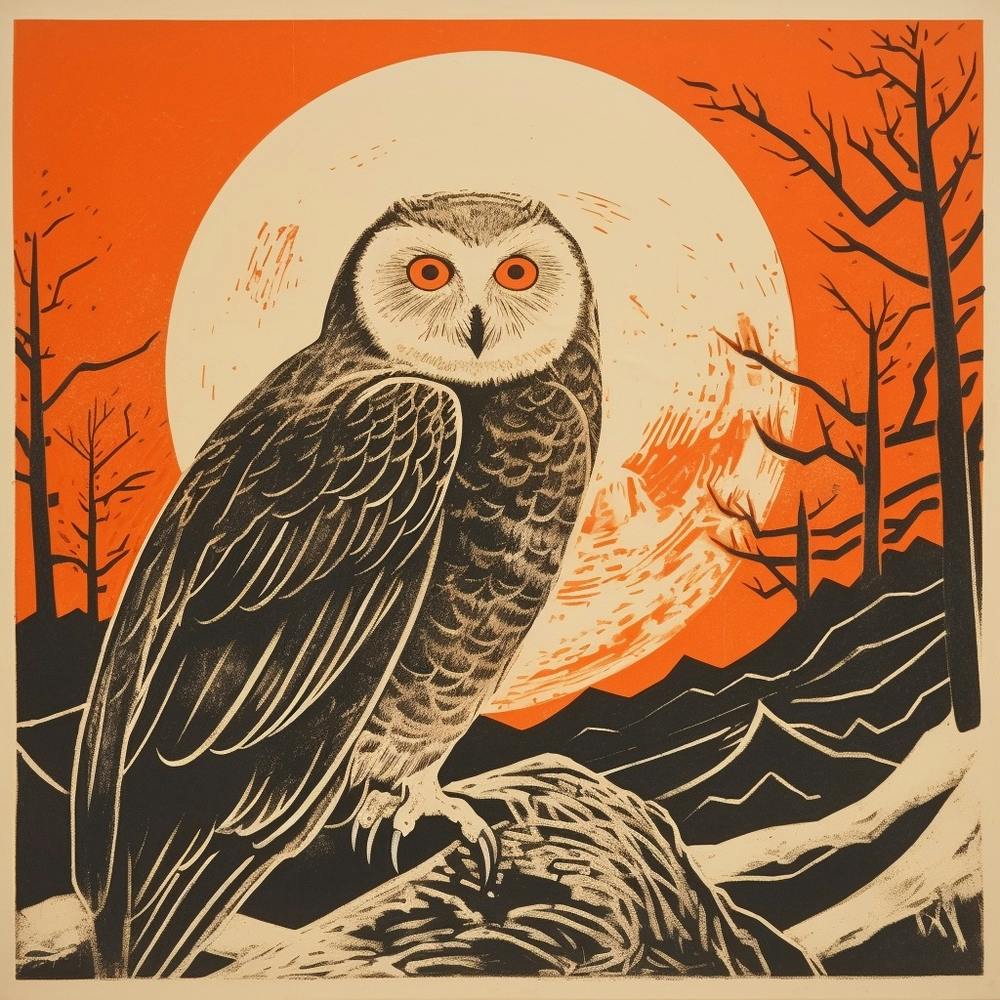 Retro Bird Lithograph Snowy Owl 3