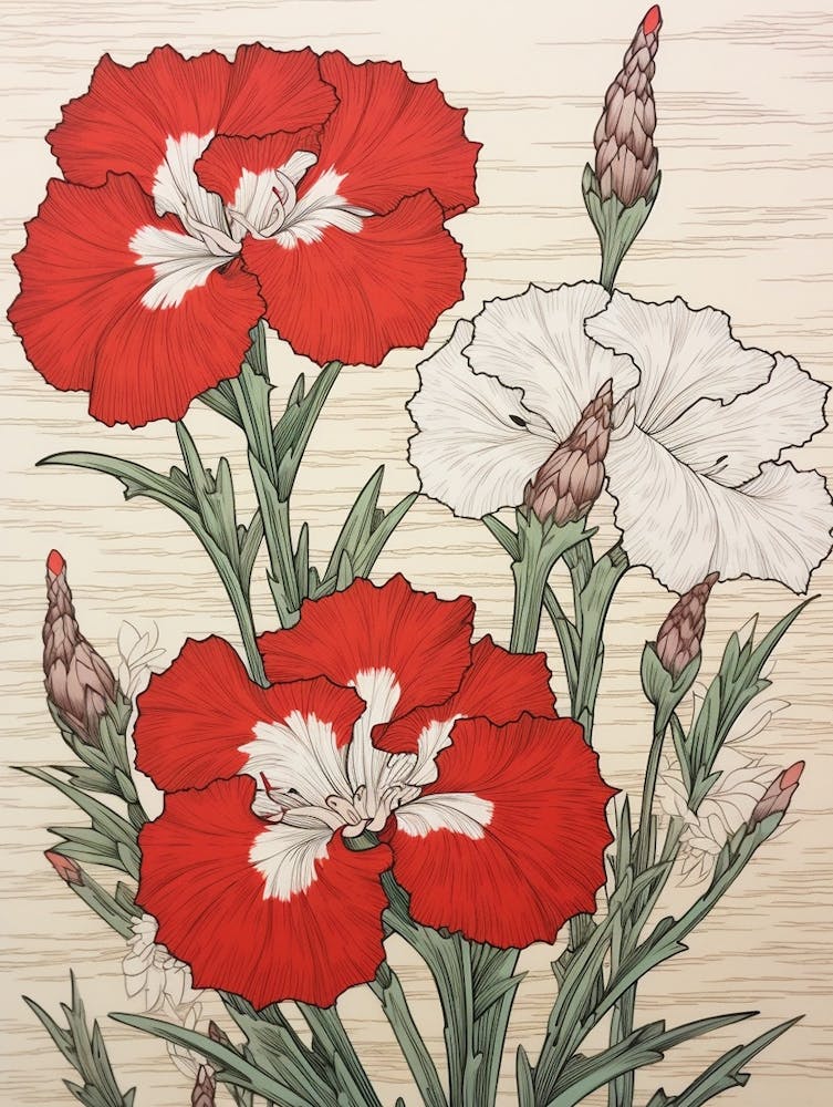 Nadeshiko Dianthus Vintage Botanical Woodblock