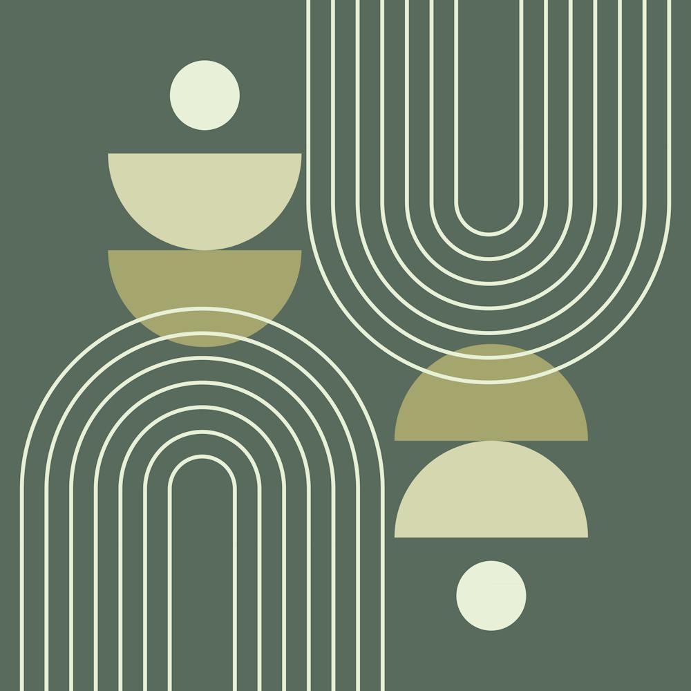 Modern Mid Century Sun, Moon Phases and Rainbow Abstract 19 in Forest Sage Green