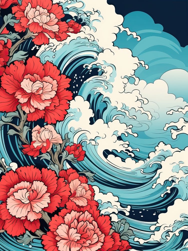 Great Wave With Carnation Flower Drawing In The Style Of Ukiyo E 1