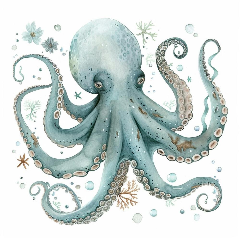Storybook Style Octopus With Ocean Plants 1