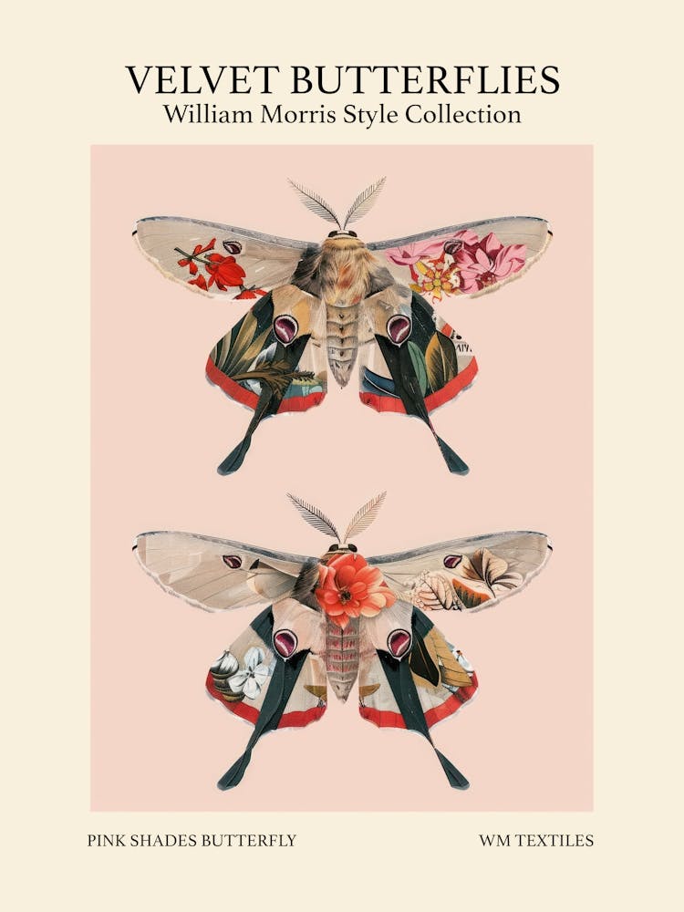 Samt-Schmetterlingskollektion – Schmetterling in Rosatönen im William Morris Stil 3