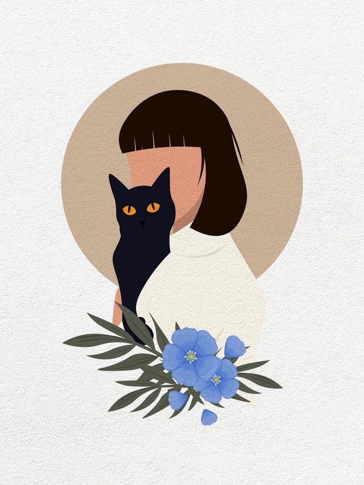 Minimal Art Mädchen mit Katze und Blume