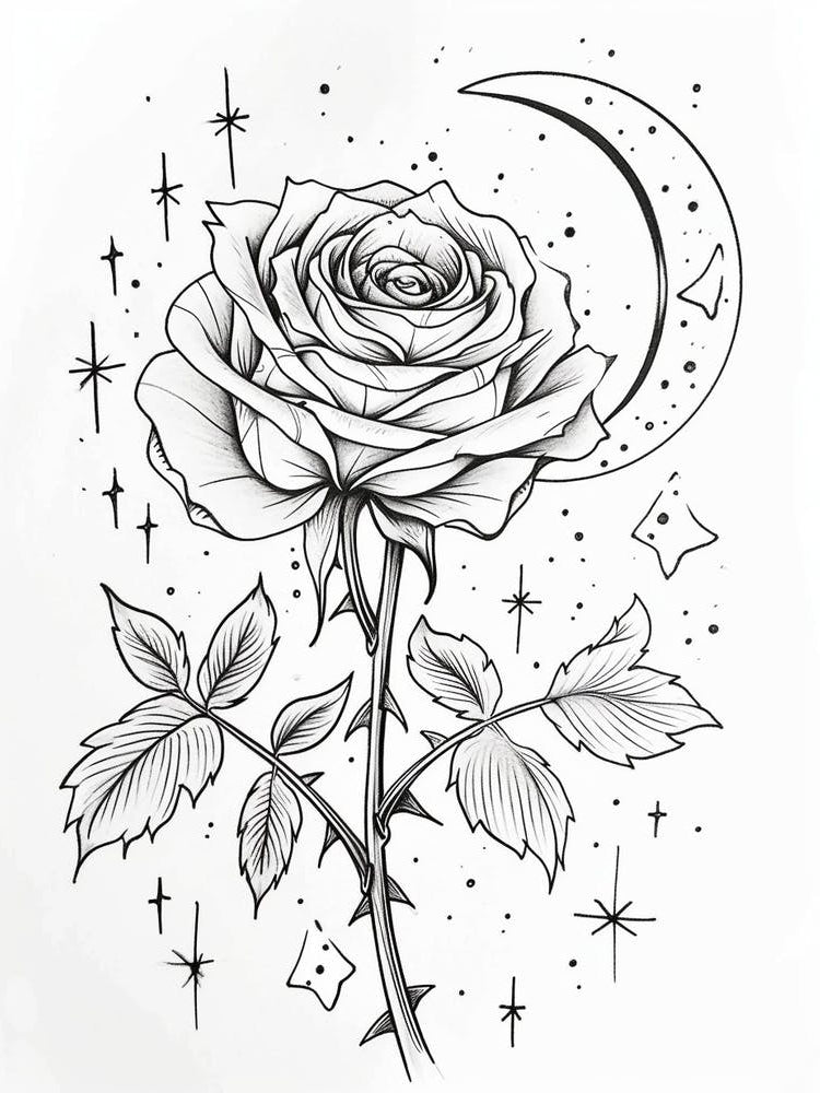 Rose With A Moon Line Drawing 4