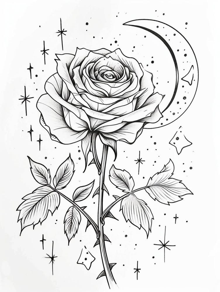 Rose With A Moon Line Drawing 4