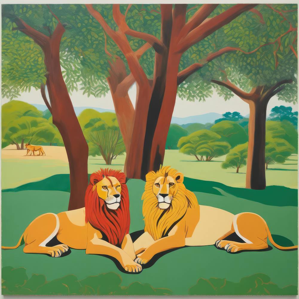 Lions Resting under Acacia Trees Series. Style of David Hockney