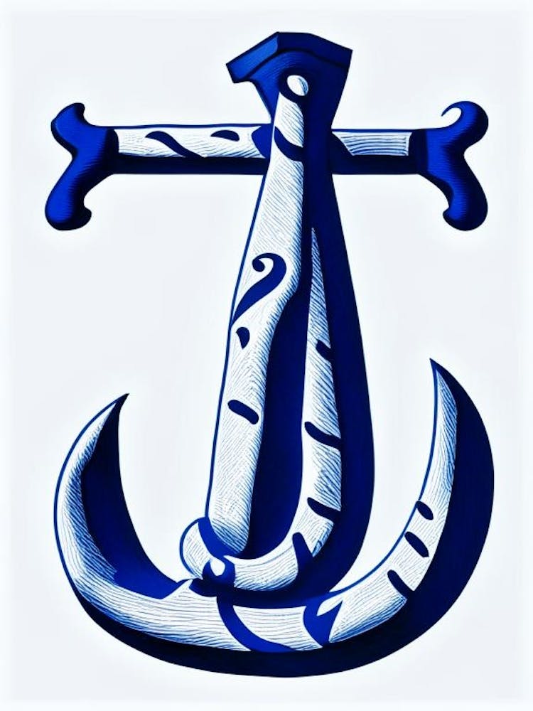 Anchor Symbol 2,  Blue And White Line Drawing