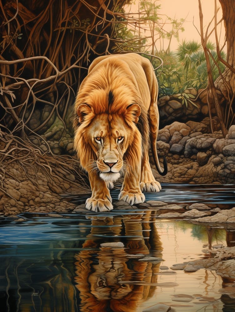 African Lion Drinking From A Stream Realistic 4