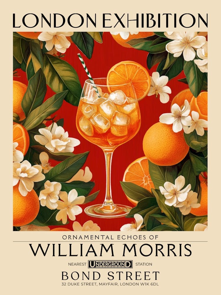 Aperol Spritz cocktail print William Morris style maximalist floral art, summer inspired drink wall art vintage botanical still life eclectic decor for bar cart, living room, kitchen, dining room 11