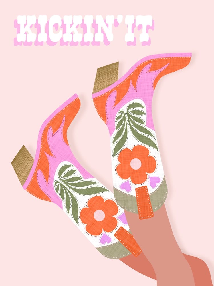 Typographic Kickin’ it Cowgirl Floral Boots Legs up in Pink